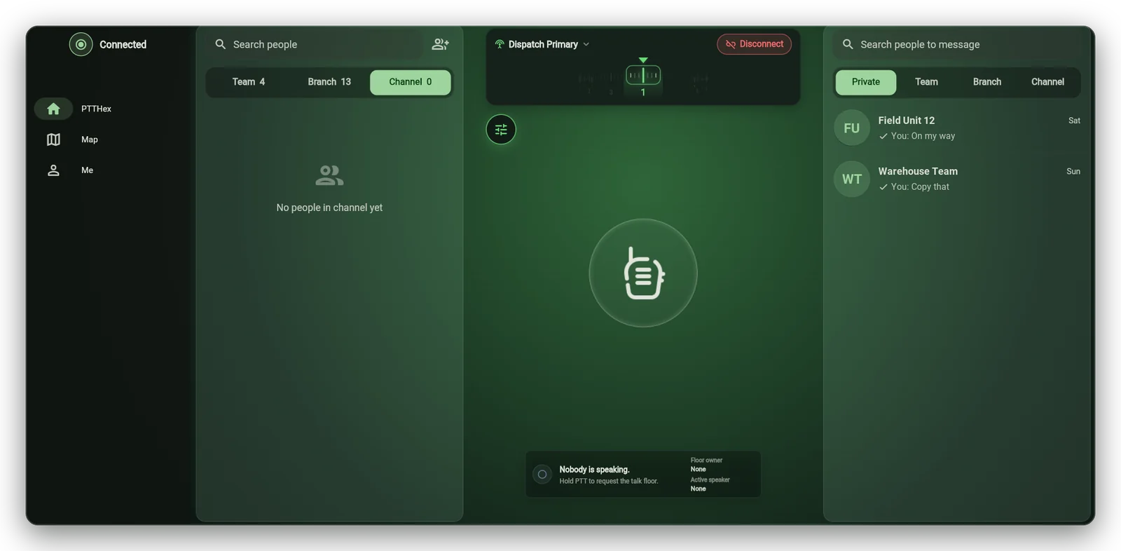 PTTHex desktop app connected to the Dispatch Primary channel, with the people panel, the push-to-talk button, the talk floor status, and the private message list side by side