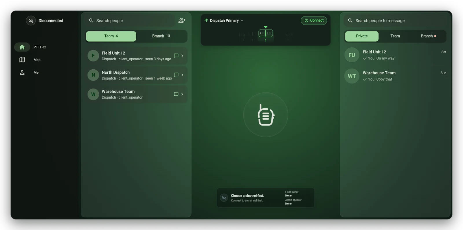 PTTHex desktop app people panel listing team and branch members with their roles and last seen times