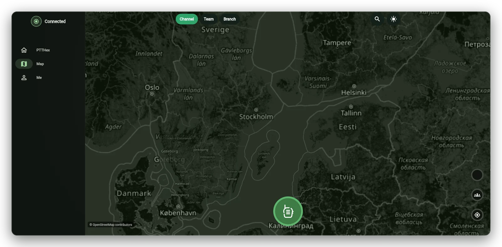 PTTHex desktop app map view with channel, team, and branch scope buttons above self hosted map tiles