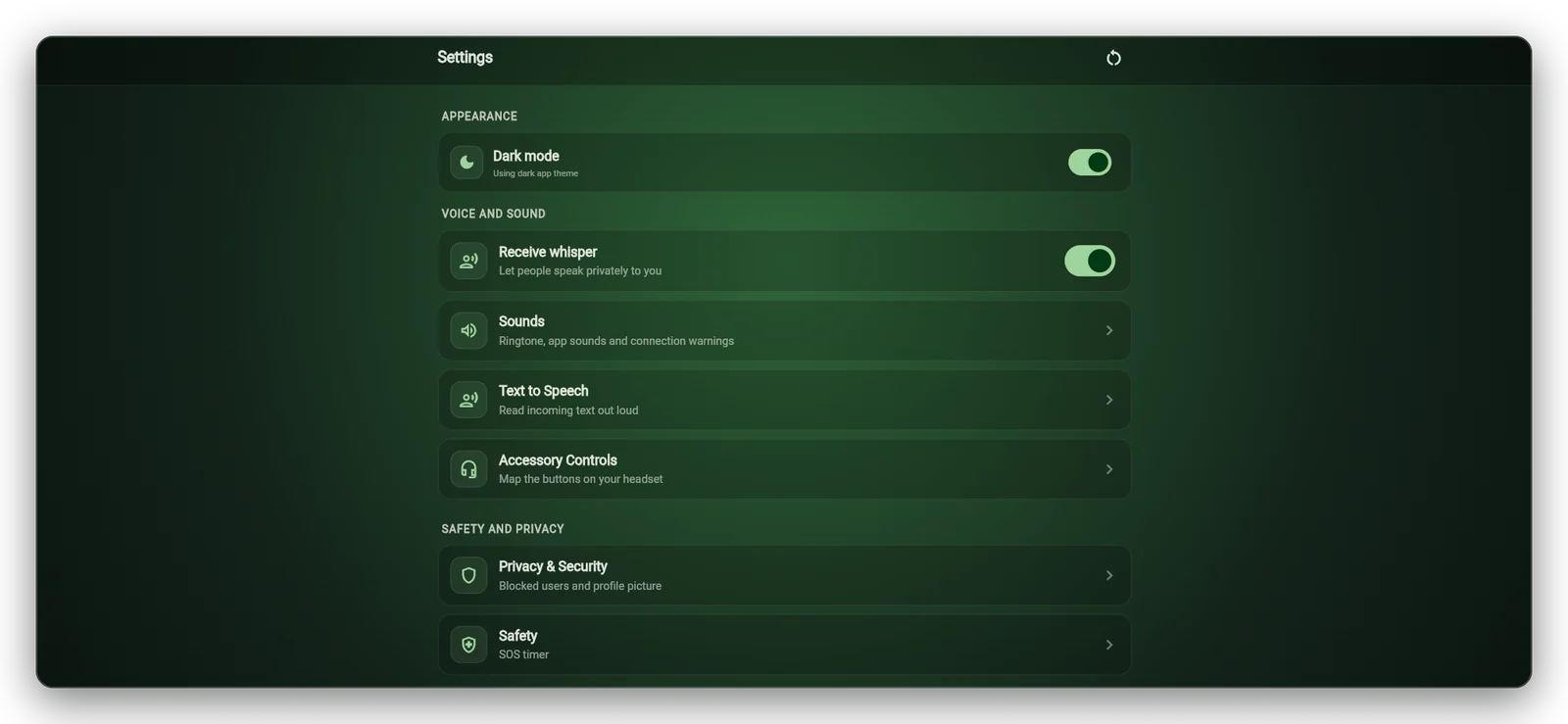 PTTHex desktop app settings page with appearance, voice and sound, and safety and privacy sections