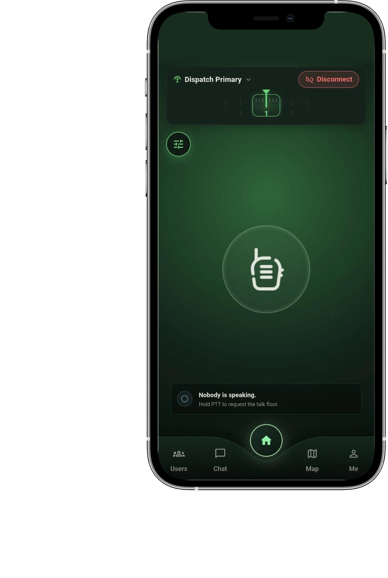 PTTHex Client app on a phone, connected to the Dispatch Primary channel with the push-to-talk button ready
