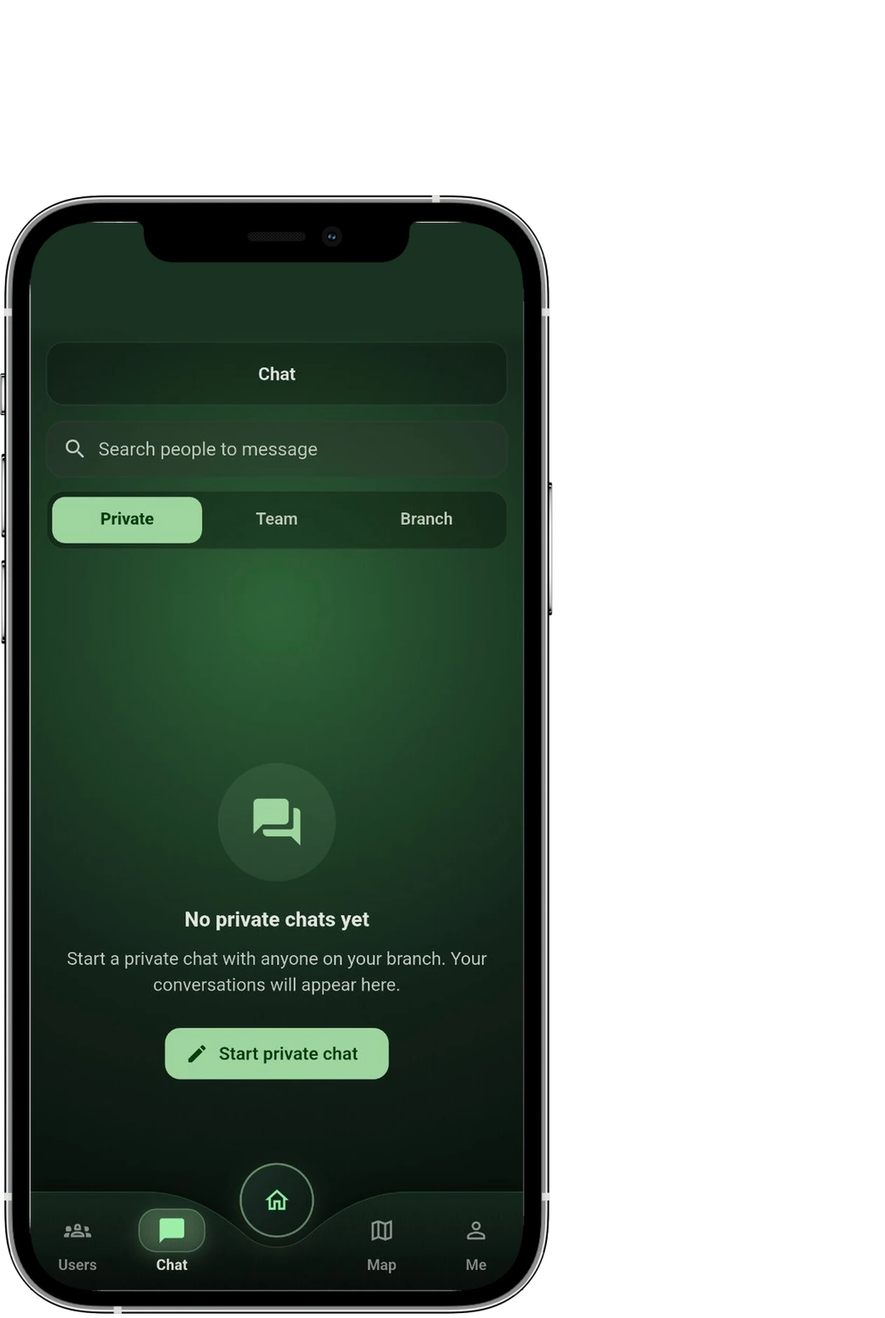 PTTHex Client app on a phone showing the private, team, and branch chat tabs