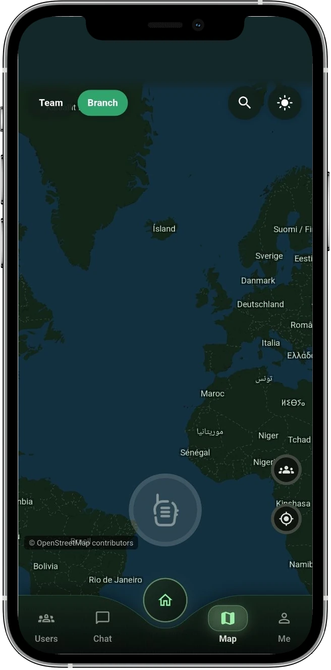 PTTHex Client app map view with team and branch scope selected