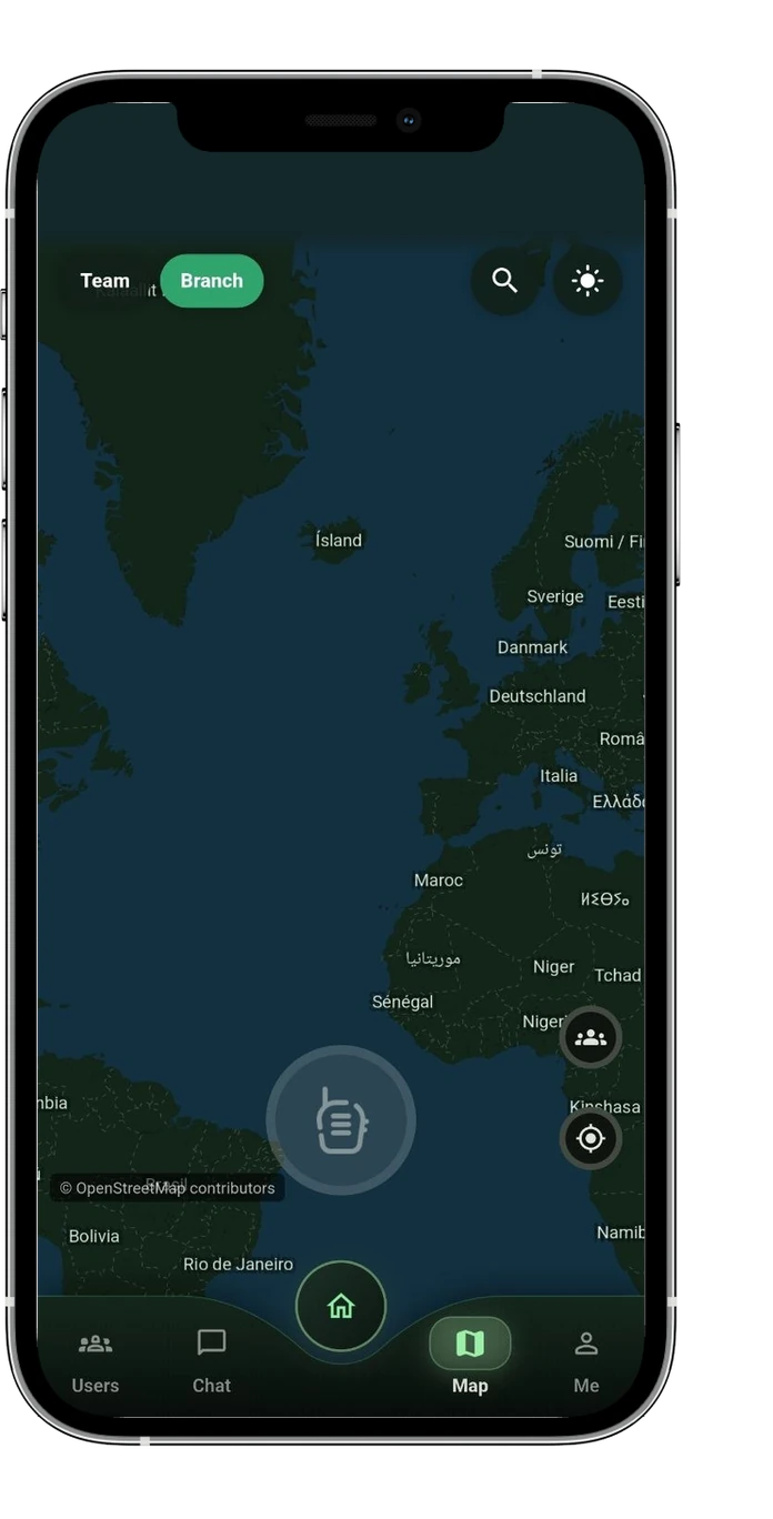 PTTHex Client app map view scoped to a team and a branch