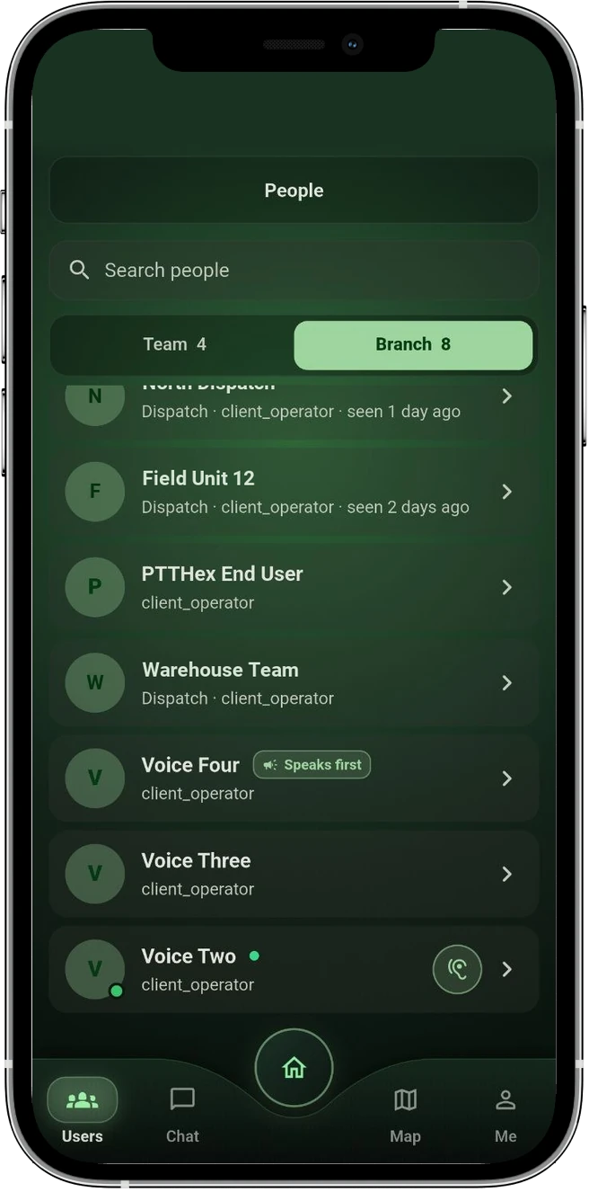 PTTHex Client app people directory listing approved team and branch members with their roles