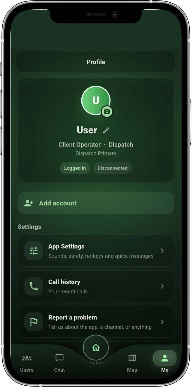 PTTHex Client app profile screen with app settings, call history, and notices