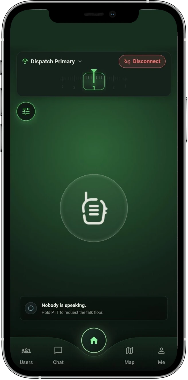 PTTHex Client app connected to the Dispatch Primary channel, ready to push to talk